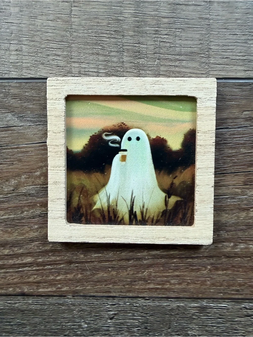 Wood-Framed Coffee Ghost Magnet Trio Neutral & White Halloween Decor 3”x3” each